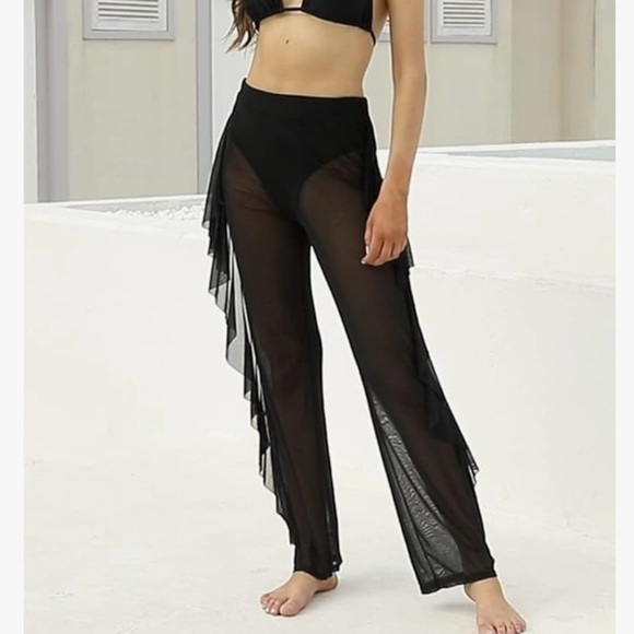 None Pants - Ruffle Sheer Mesh Swimwear Bikini Cover Up Pants See Through Medium